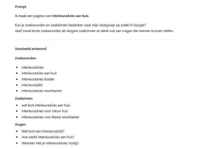Voorbeeld van zoekwoordideeën voor interieuradvies gegenereerd met ChatGPT voor zoekwoordenonderzoek.
